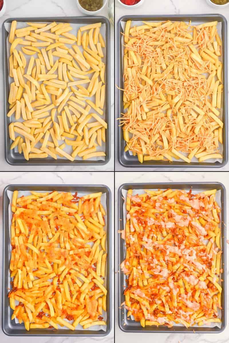 Collage of baking fries and topping them with cheese, caramelized onions, and animal suace.