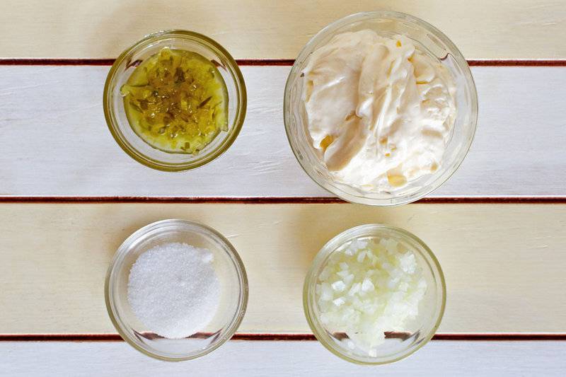 Copycat McDonald's tartar sauce ingredients in bowls.