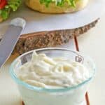 Homemade McDonald's tartar sauce in a glass bowl.