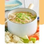 Homemade Melting Pot Wisconsin Trio fondue in a fondue pot.