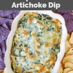 Homemade Olive Garden spinach artichoke dip, crostini, and tortilla chips.