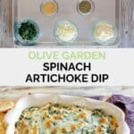 Copycat Olive Garden spinach artichoke dip ingredients and the finished dip.