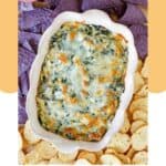 Homemade Olive Garden spinach artichoke dip, crackers, and tortilla chips.