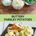 Parsley potatoes ingredients and the finished dish.