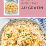 Shrimp and crab au gratin served over rice on a plate.