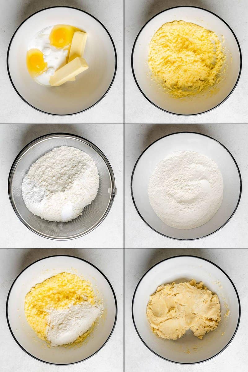 Collage of making dough for snickerdoodle cookies.