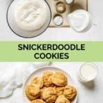 Snickerdoodle cookies ingredients and snickerdoodles on a plate.