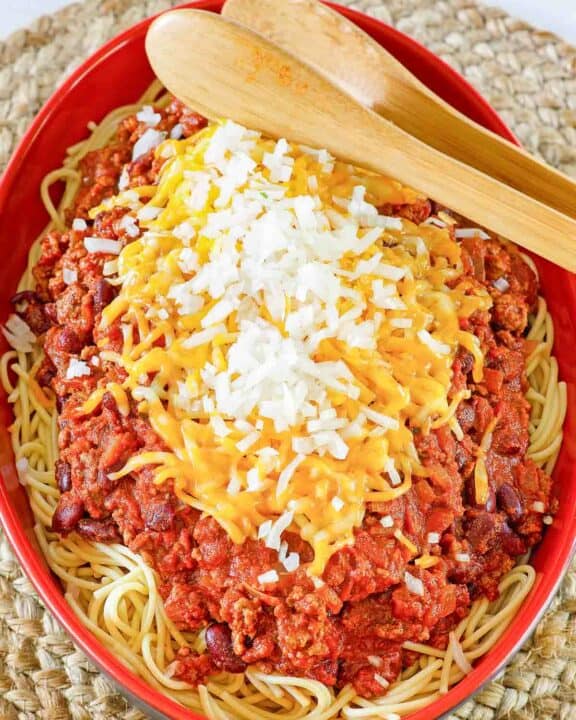 Copycat Steak and Shake 5 way chili in a bowl.