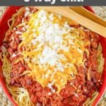 A serving of homemade Steak and Shake chili 5 way style.