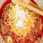 Homemade Steak and Shake 5 way chili in a serving bowl.