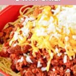 Homemade Steak 'n Shake 5 way chili in a serving dish.