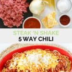 Copycat Steak and Shake 5 way chili ingredients and the finished dish.