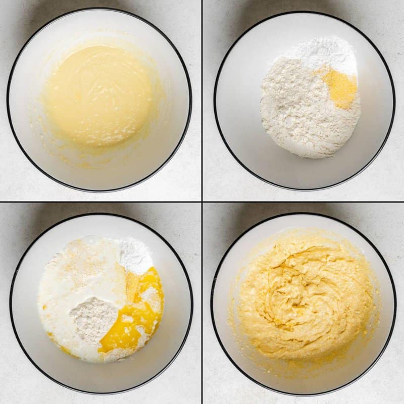 Collage of making batter for copycat Tippin's cornbread.