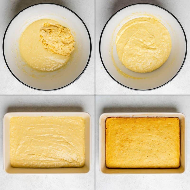 Collage of mixing Tippin's cornbread batter and baking it.