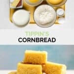 Copycat Tippin's cornbread ingredients and slices on a plate.