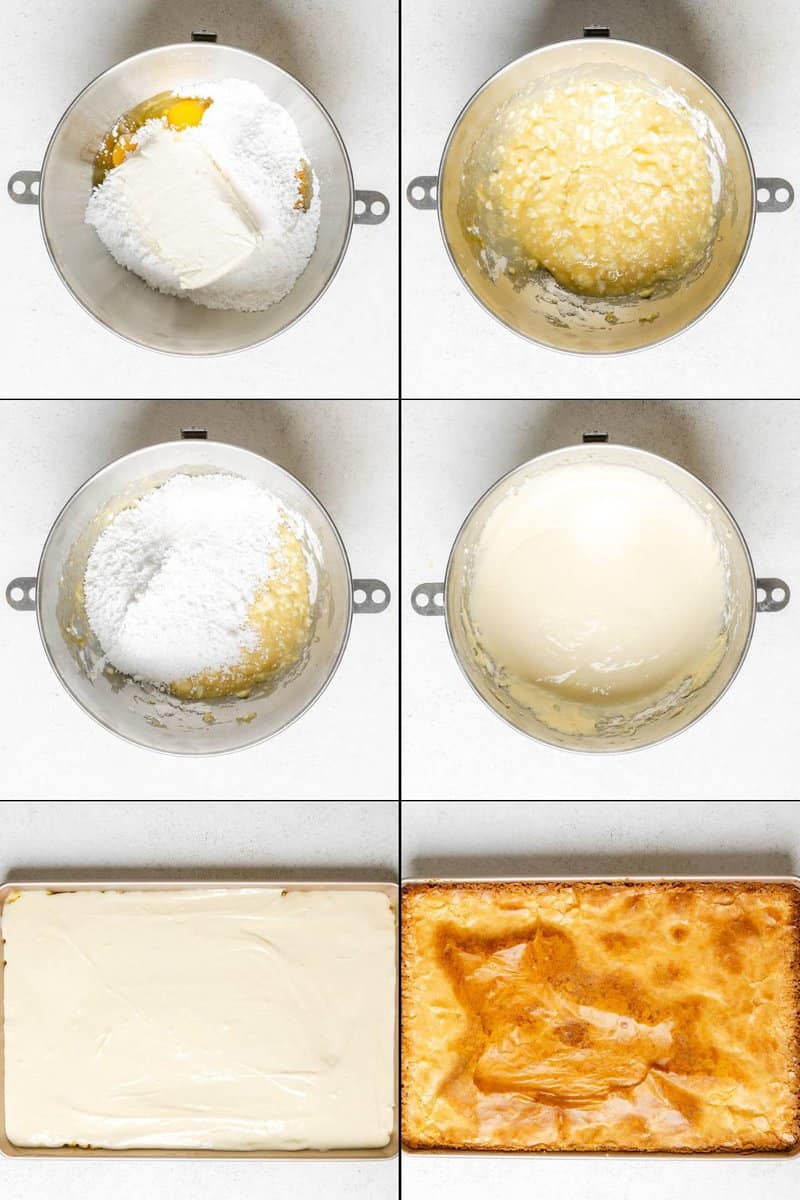 Collage of mixing wet and dry ingredients and baking copycat Treebeards butter cake.