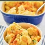 Baked cauliflower with cheese sauce in a bowl and a baking dish.
