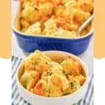 A serving of baked cauliflower with cheese sauce in a bowl and the dish behind it.