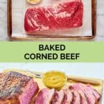 Baked corned beef ingredients and the finished dish.