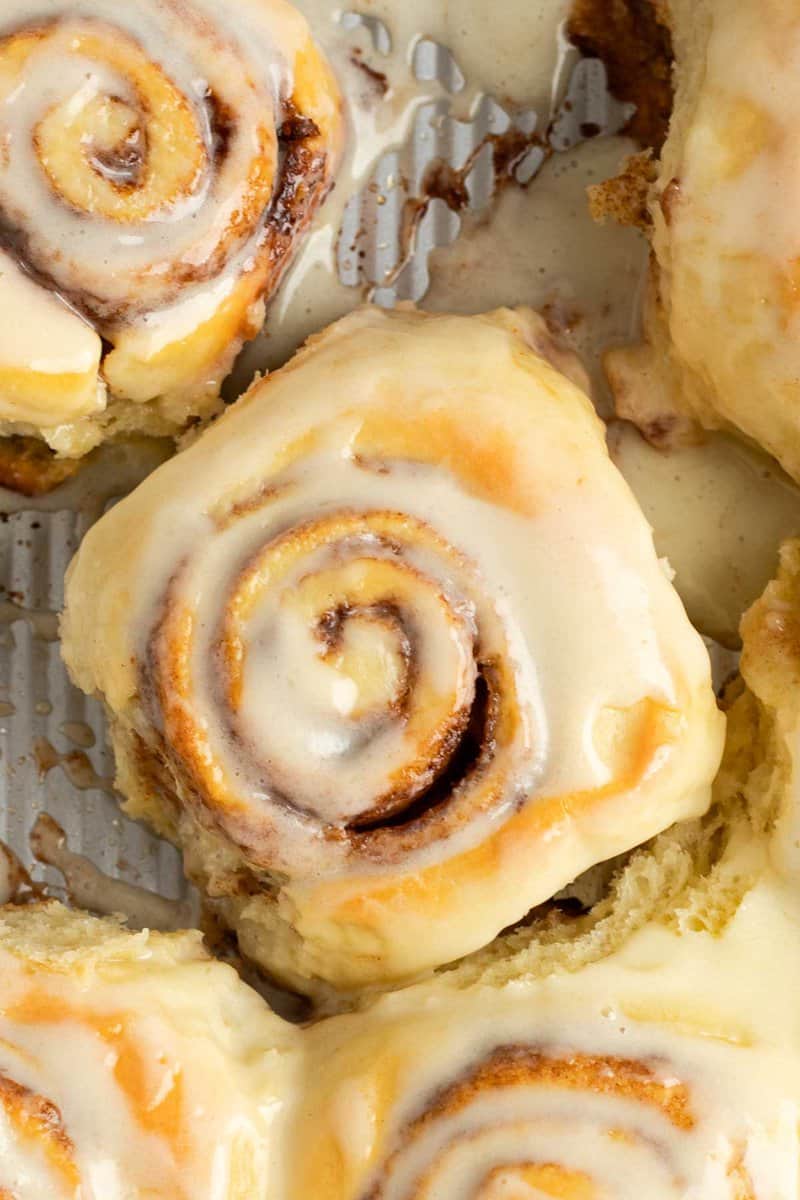 Copycat Cinnabon cinnamon rolls with cream cheese frosting.