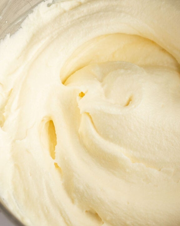 Homemade Cinnabon cream cheese frosting in a bowl.