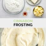Copycat Cinnabon frosting ingredients and the frosting in a bowl.