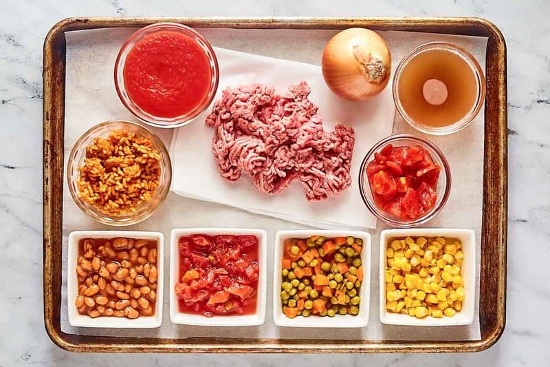 Cowboy soup ingredients on a tray.