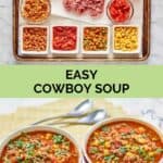 Cowboy soup ingredients and two bowls of the soup.