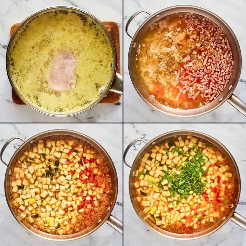 Collage of making El Tortio's chicken tortilla soup.