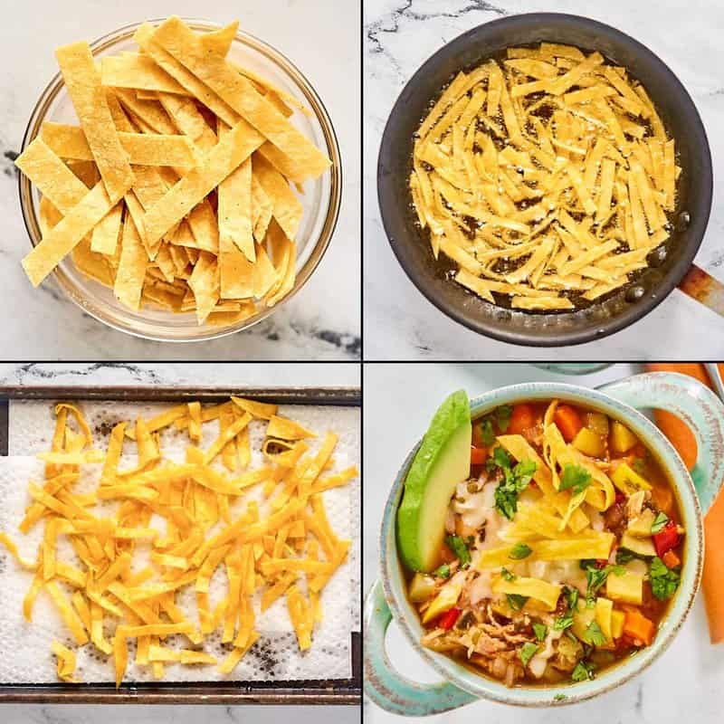 Collage of making fried tortilla strips and garnishing soup with them.