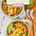 Two bowls of homemade El Tortio's chicken tortilla soup and two spoons.