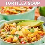 Homemade El Torito's chicken tortilla soup garnished with an avocado slice.