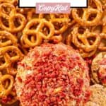 French onion cheese ball with pretzels and crackers around it.