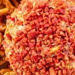 French onion cheese ball coated with bacon bits.
