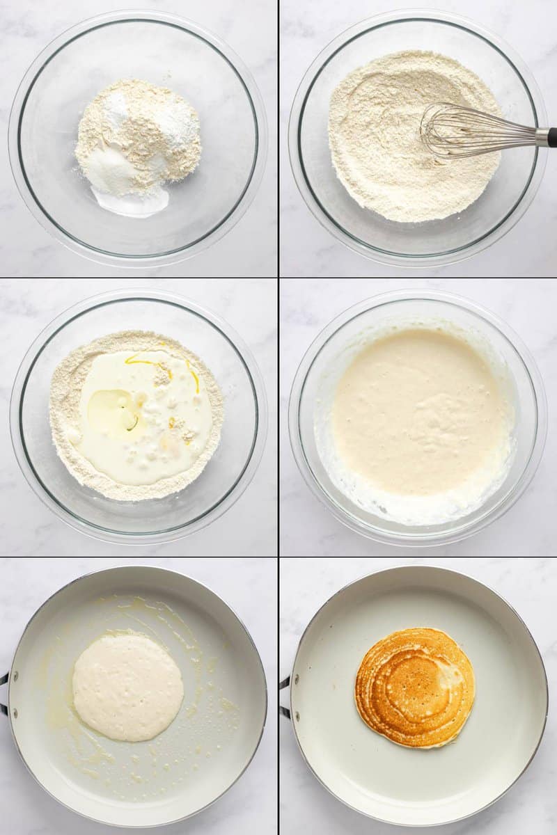 Collage of making copycat IHOP buttermilk pancakes.