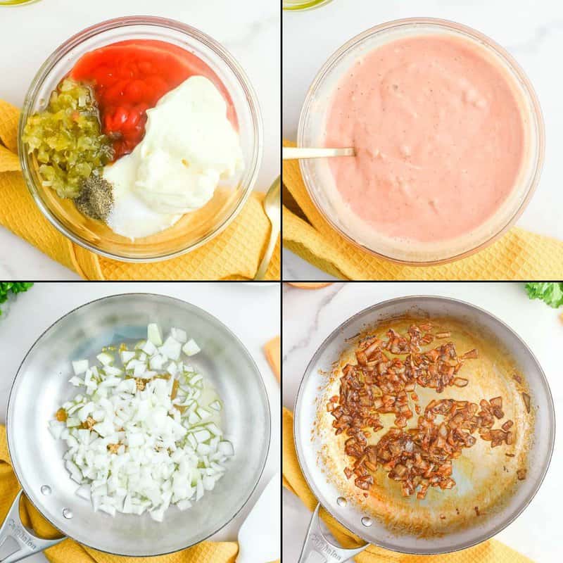 Collage of making spread sauce and caramelized onions for animal style burger.