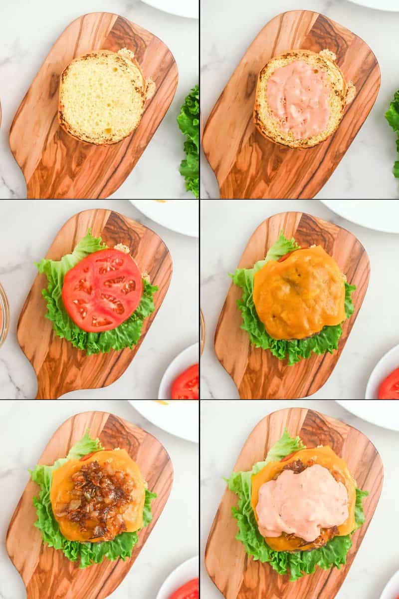 Collage of assembling an animal style burger.