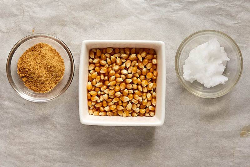 Instant pot popcorn ingredients in bowls.
