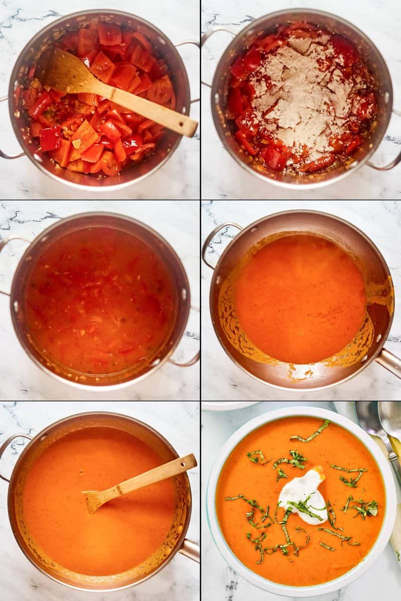 Collage of making copycat La Madeleine red pepper soup.
