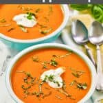 Homemade La Madeleine red pepper soup in two bowls.