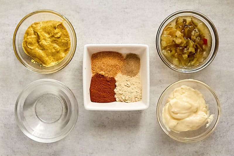 Copycat McDonald's big mac sauce ingredients in bowls.