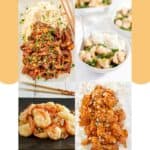Copycat Panda Express Beijing beef, string bean chicken, honey walnut shrimp, and orange chicken.