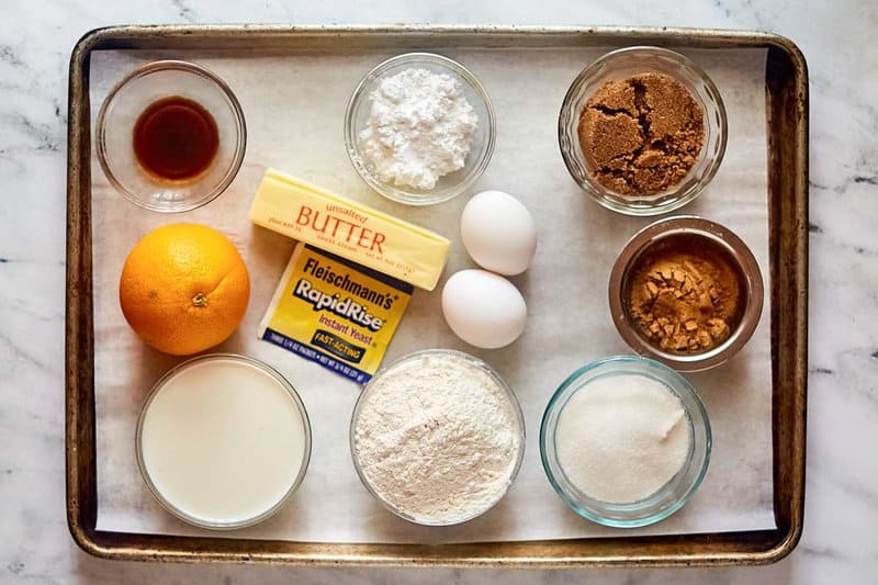 Copycat Panera cinnamon rolls ingredients on a tray.