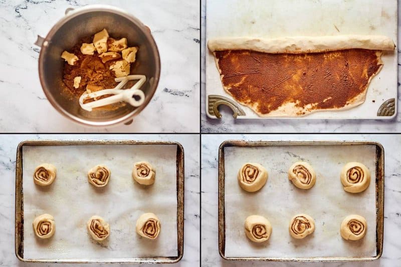 Collage of making filling and rolling dough for copycat Panera cinnamon rolls.