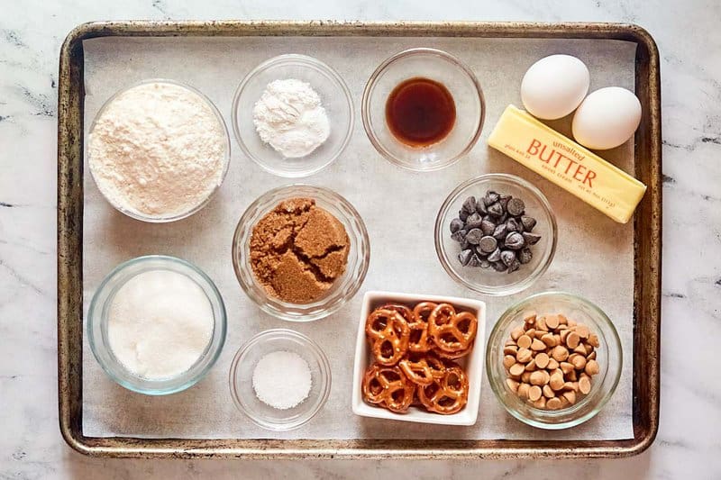 Copycat Panera kitchen sink cookies ingredients on a tray.