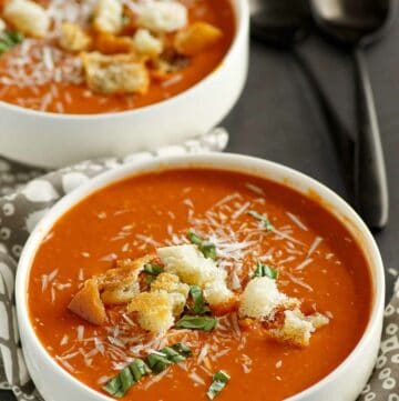 Two bowls of copycat Panera tomato soup.