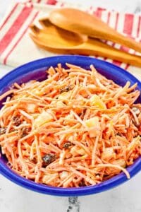 Copycat Chick Fil A carrot raisin salad in a bowl.