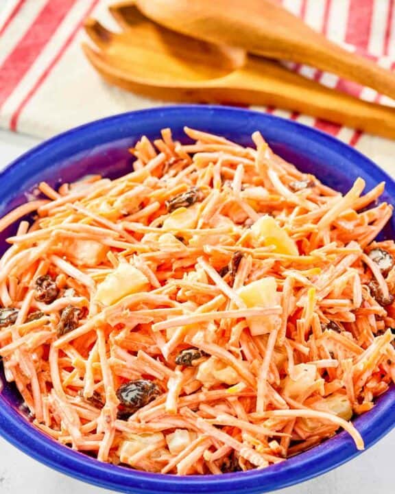 Copycat Chick Fil A carrot raisin salad in a bowl.