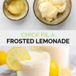 Copycat chick fil a frosted lemonade ingredients and the finished drink.