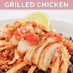 Homemade Chili's margarita grilled chicken served with Mexican rice and black beans.
